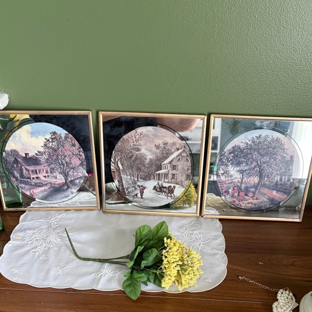 Set of 3 Currier & Ives Mirror-Framed Seasonal Prints, Vintage Homestead Scenes